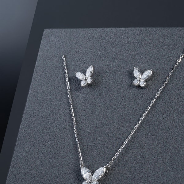 Butterfly Marquise Cut White Gold Diamond Necklace and Earring Set, Lab Grown Diamond Pendent Set, Diamond Necklace for Her