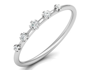 Delicate Vintage Inspired Round Cut Lab Grown CVD Diamond % Stone Band, 14K White Gold Diamond Dainty Band Ring For Women