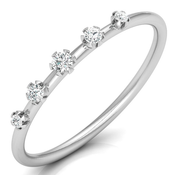 Delicate Vintage Inspired Round Cut Lab Grown CVD Diamond % Stone Band, 14K White Gold Diamond Dainty Band Ring For Women