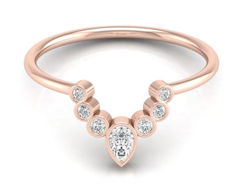 14K Rose Gold Pear & Round Cut Lab Grown Diamond Engagement Band, Bezel Set Cluster Diamond Unique Curved Band For Women