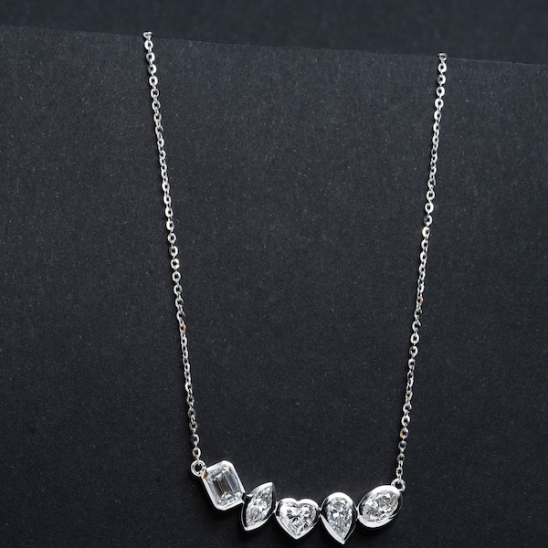 14K White Gold Heart Cut Diamond Pendant Set, Five Lab Grown Diamond Pendant for Women, Multi Shape Diamond Set