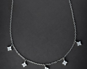 Small Kite Dangler Flower Shape Diamond Pendant Set, Diamond Clover Station Necklace in 14K White Gold for Her