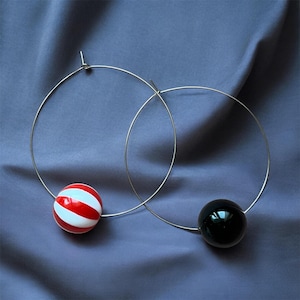 Lollipop - Fun Asymmetrical Geometric Hoop Earrings, Red Striped and Black Spheres, Modernist Pop Art Statement Hoops, Gift for Artists