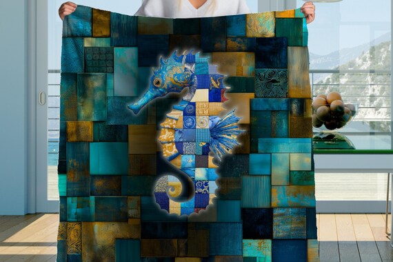 Seahorse Sherpa Blanket – Blue Coastal Patchwork Throw, Ocean-Inspired Nautical Quilt Blanket, Sea Life Decor Gift for Beach Lovers