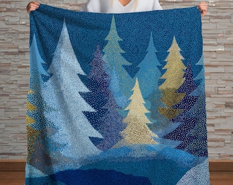 Blue Winter Forest Sherpa Throw Blanket Cozy Snowy Tree Design