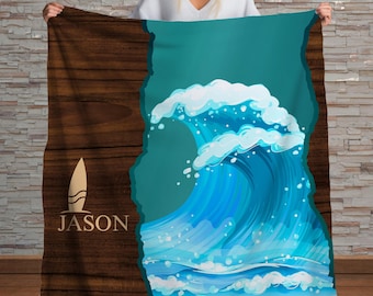 Custom Surfer Blanket with Name – Ocean Wave Sherpa Throw – Personalized Surfer Gift  – Cool Beach House Decor Surfboard Throw Surf Decor