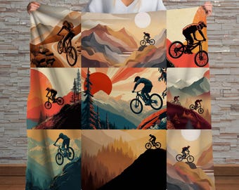 Mountainbikekunstdeken - MTB-sherpadeken met zonsondergang en natuurlandschap Gezellig buitenfietsdecor voor ruiters en avonturiers