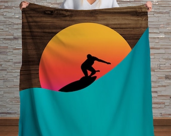 Surfer Sunset Sherpa Throw Blanket Ocean Wave Design