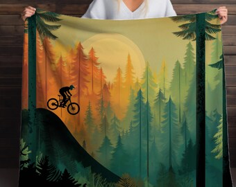 Sherpadeken Mountain Biker Forest Silhouette - Sunset Trail Riding Art, MTB-avonturendeken