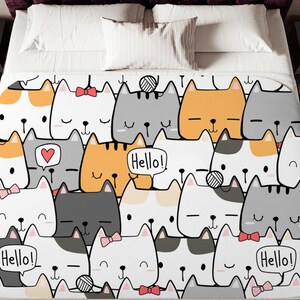 Cute Cat Doodle Sherpa Blanket – Kawaii Kitty Pattern, Cartoon Cat Lover Throw image 5