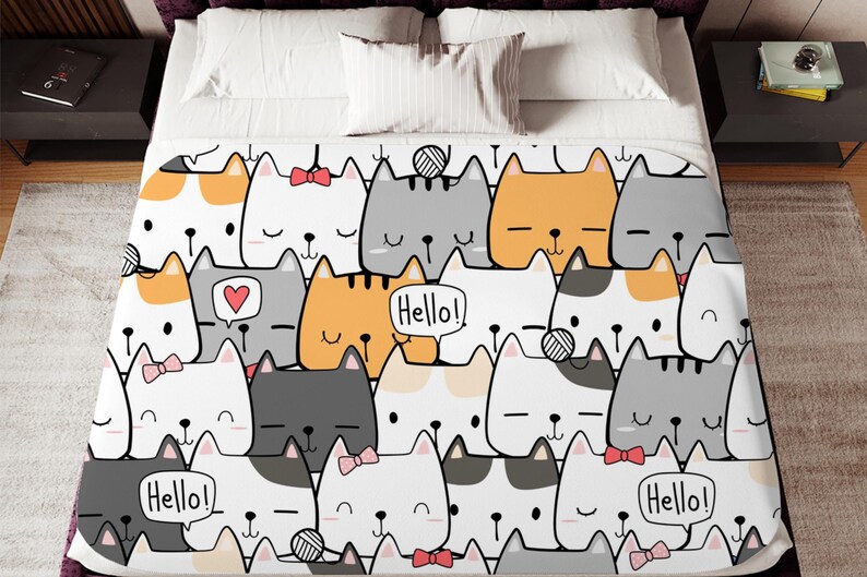 Cute Cat Doodle Sherpa Blanket – Kawaii Kitty Pattern, Cartoon Cat Lover Throw image 5