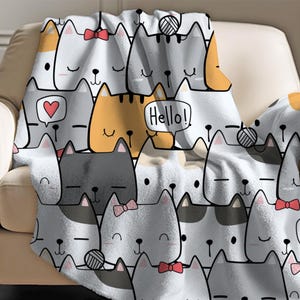 Cute Cat Doodle Sherpa Blanket – Kawaii Kitty Pattern, Cartoon Cat Lover Throw image 3