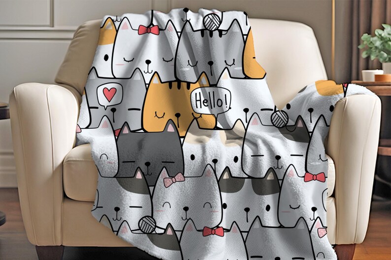 Cute Cat Doodle Sherpa Blanket – Kawaii Kitty Pattern, Cartoon Cat Lover Throw image 3
