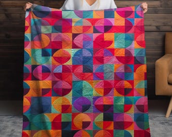 Sherpa Blanket, Quilt Pattern Printed Design in Red, Blue, Teal and Purple - Cozy Home Decor, Winter Gift, Soft Throw, Lap Blanket.