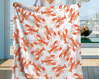 Nautical Coastal Sherpa Blanket Red Lobster Pattern Throw Blanket  Beach House Decor Lobster Print Ocean Theme Gift New England Style