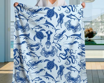 Nautical Sea Animals Sherpa Blanket, Soft Throw for Ocean Lovers, Marine Creature Fleece Bedding Cover, Coastal Home Decor, Gift for