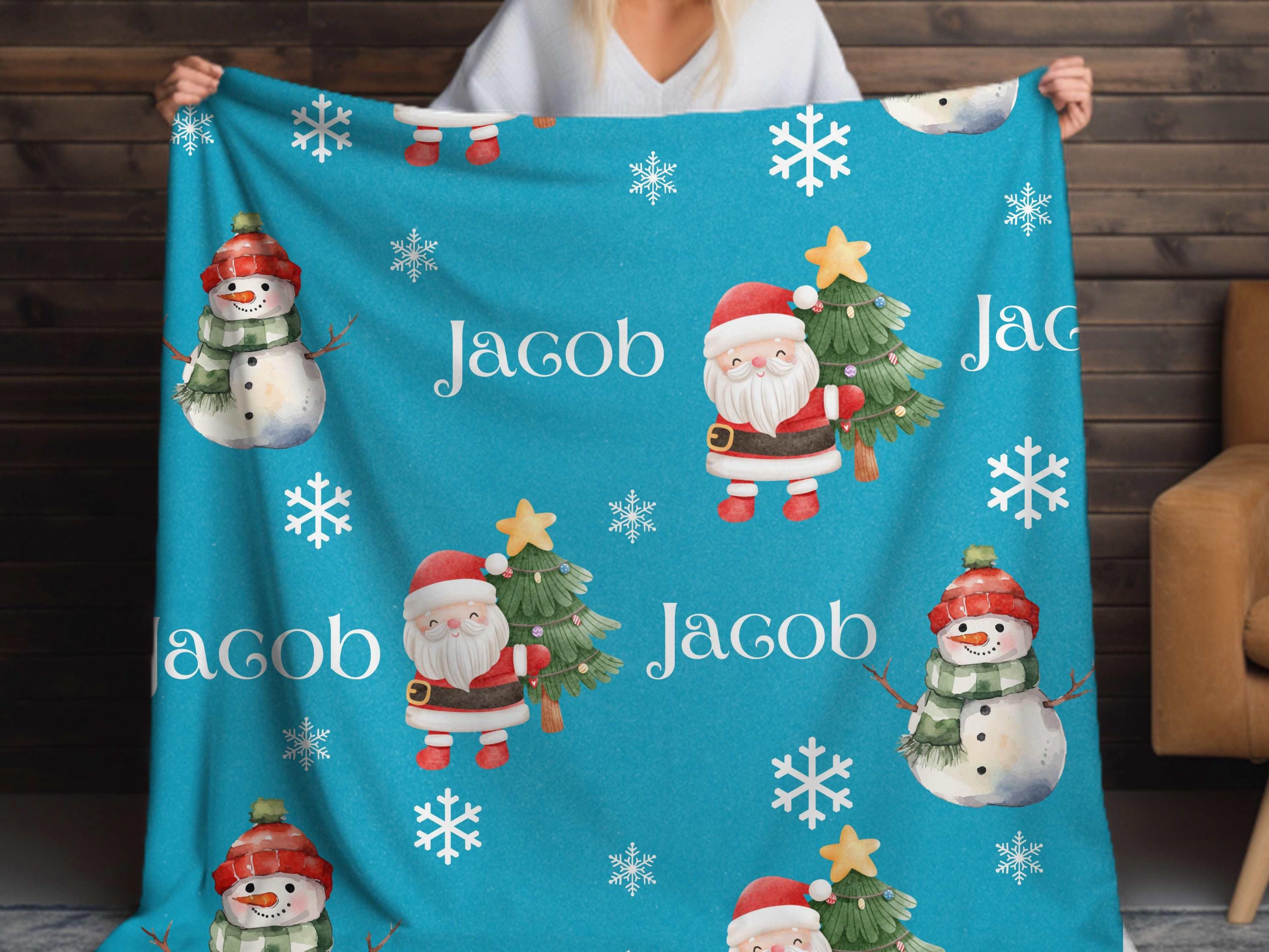 Christmas Blanket Santa and Reindeer Custom Name Super soft velveteen Personalized Christmas Gift, Holiday Throw for Cozy Nights Custom Name