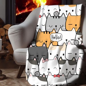Cute Cat Doodle Sherpa Blanket – Kawaii Kitty Pattern, Cartoon Cat Lover Throw image 4
