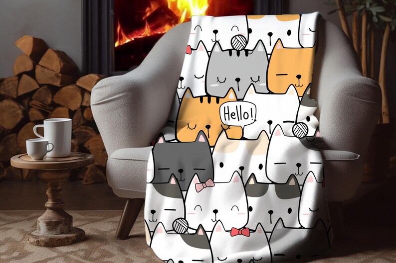 Cute Cat Doodle Sherpa Blanket – Kawaii Kitty Pattern, Cartoon Cat Lover Throw image 4