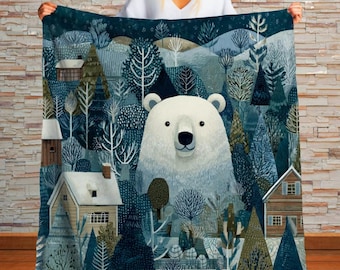 Winter Bear Sherpa Throw Blanket Woodland Cabin Decor