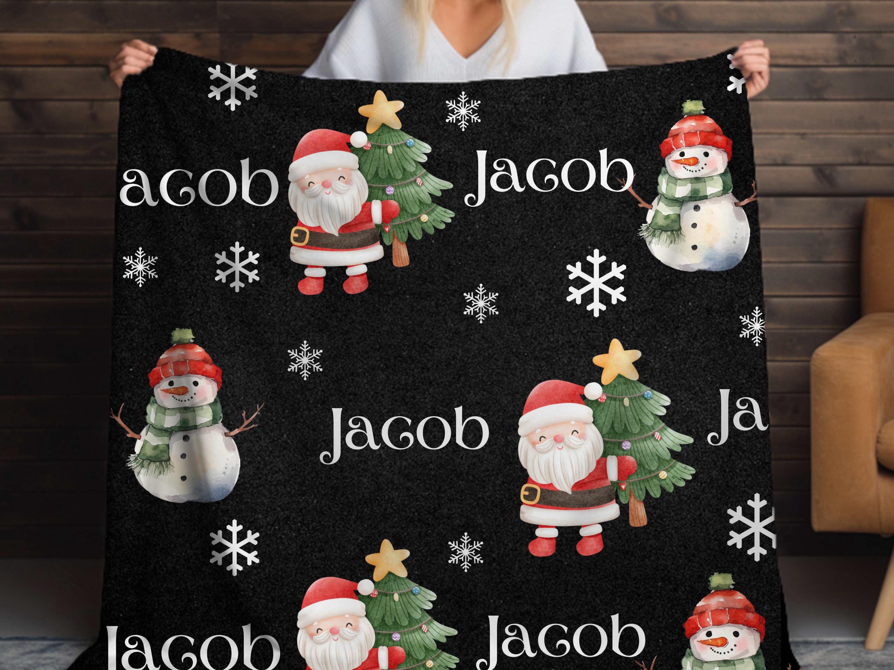 Christmas Blanket Santa and Reindeer Custom Name Super soft velveteen Personalized Christmas Gift, Holiday Throw for Cozy Nights Custom Name