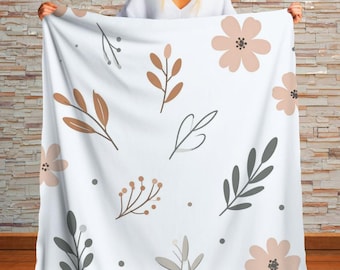 Manta de sherpa con estampado floral botánico neutro, diseño minimalista moderno