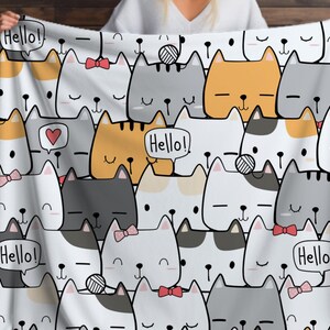 Cute Cat Doodle Sherpa Blanket – Kawaii Kitty Pattern, Cartoon Cat Lover Throw image 6