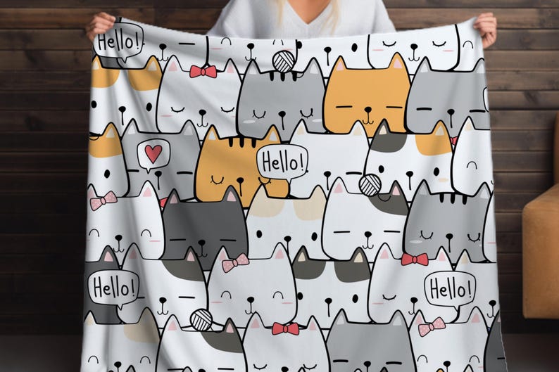 Cute Cat Doodle Sherpa Blanket – Kawaii Kitty Pattern, Cartoon Cat Lover Throw image 6