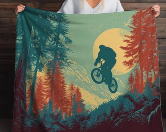 Bigfoot mountainbikedeken MTB-trailbiker bosavontuur sherpaworp, fietscadeau, Sasquatch Trail Ride Art, gezellige buitendeken