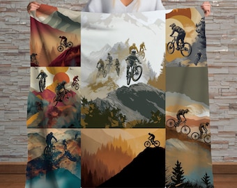 Mountainbike collage sherpadeken – trailriderkunst, MTB-avontuurdeken, fietsercadeau