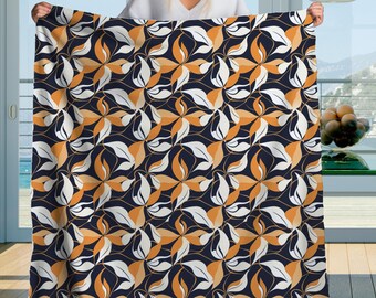 Sherpa Blanket, Abstract Floral Artistic Pattern White and Orange with Navy Background, Retro Home Decor, Cozy Winter Throw, Modern retro