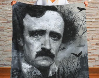 Edgar Allan Poe Sherpa Blanket Nevermore Art Edgar Allen Poe Throw Dark Decor, Vintage Literary Cozy Gift, Plush Sherpa Throw