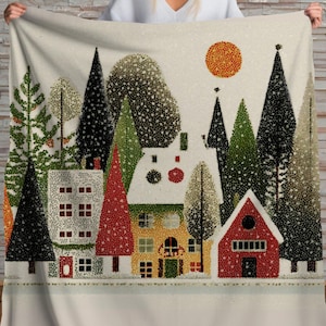 Cozy Winter Village Sherpa Throw Blanket Scandinavian Holiday Design