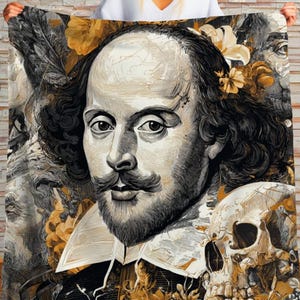 May include: A decorative throw blanket featuring a detailed portrait of William Shakespeare, with a skull and floral accents. The design is in shades of black, white, and gold, creating a vintage aesthetic. The blanket is held up by a person.