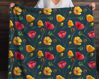 Red Orange Poppy Sherpa Throw Blanket Vibrant Floral Design