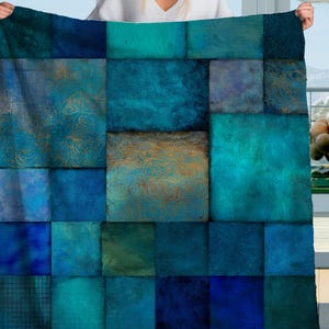Teal Blue Sherpa Blanket – Elegant Patchwork Quilt Look Throw, Turquoise & Navy Boho Blanket, Cozy Home Gift for Coastal or Modern Decor