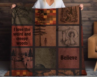 Cryptid Sherpa Blanket, Bigfoot and Alien Cabin Theme (Soft Cozy Throw)