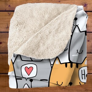 Cute Cat Doodle Sherpa Blanket – Kawaii Kitty Pattern, Cartoon Cat Lover Throw image 2