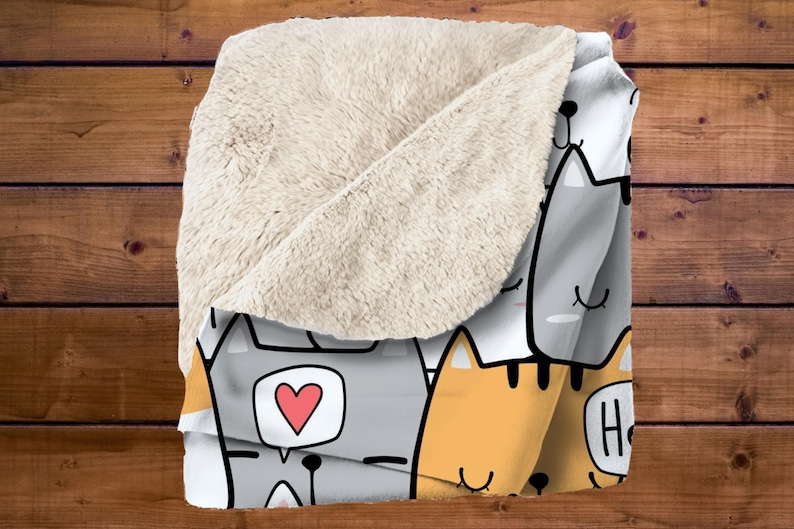 Cute Cat Doodle Sherpa Blanket – Kawaii Kitty Pattern, Cartoon Cat Lover Throw image 2