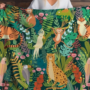 Jungle Animal Sherpa Blanket, Safari Kids Throw, Colorful Plush Gift, Tiger Monkey Parrot Design, Wild Tropical Jungle Decor Blanket