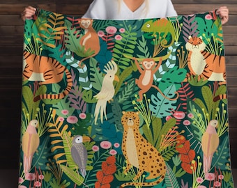Jungle Safari Animals Sherpa Blanket – Tigers, Monkeys, Cheetah & Tropical Leaves