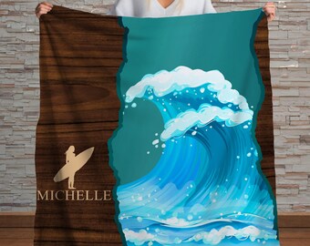 Custom Surfer Girl Blanket with Name  Personalized Ocean Wave Sherpa Throw Coastal Surf Decor Gift for Beach Lovers Surfer Gift Surfer Throw