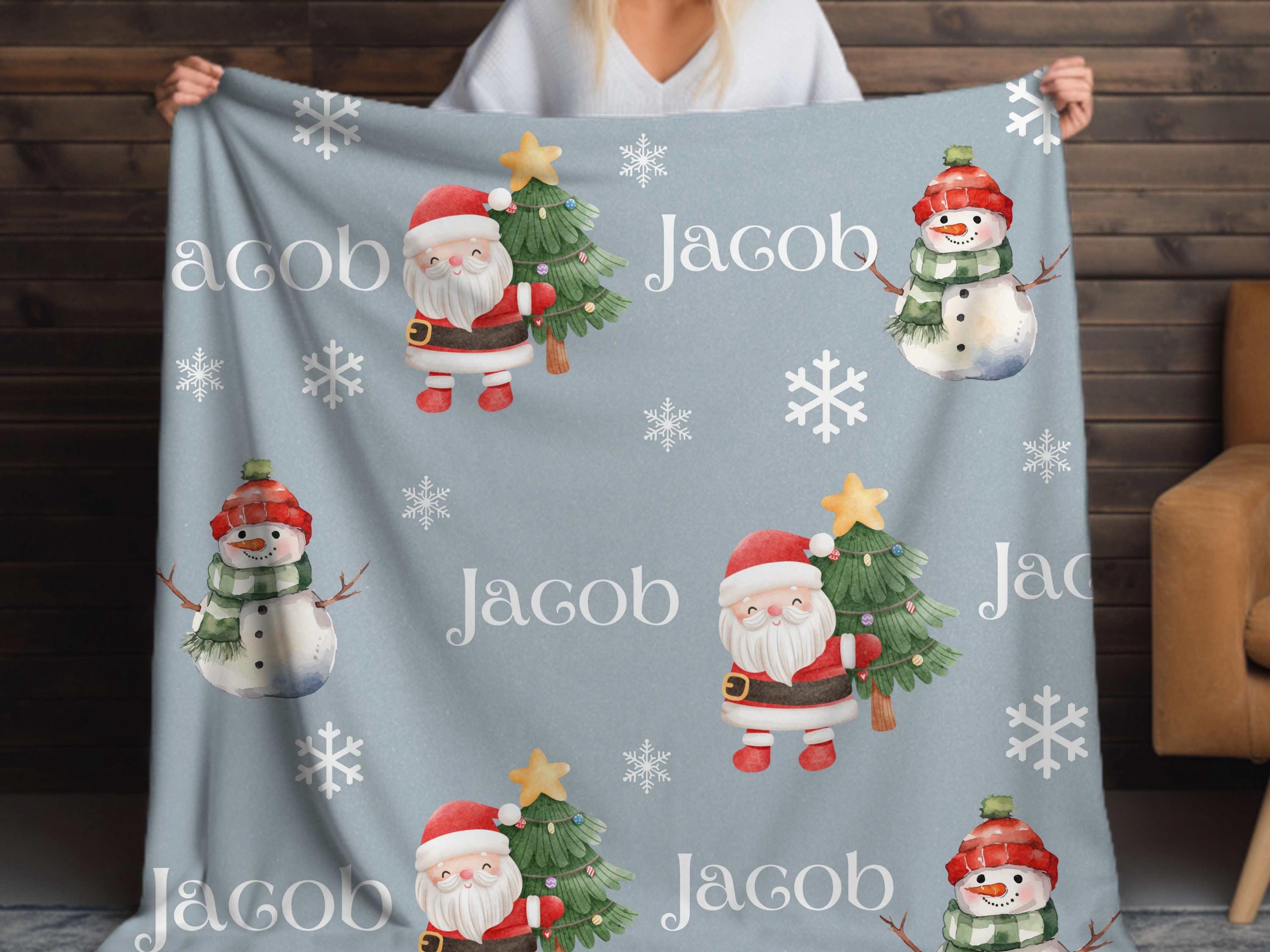 Christmas Blanket Santa and Reindeer Custom Name Super soft velveteen Personalized Christmas Gift, Holiday Throw for Cozy Nights Custom Name