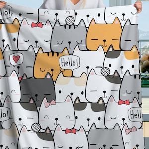 Cute Cat Doodle Sherpa Blanket – Kawaii Kitty Pattern, Cartoon Cat Lover Throw image 1