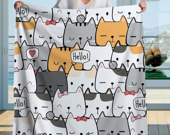 Manta Sherpa com Estampa de Gato Fofo – Padrão Kawaii de Gatinho, Ideal para Amantes de Gatos de Desenho Animado