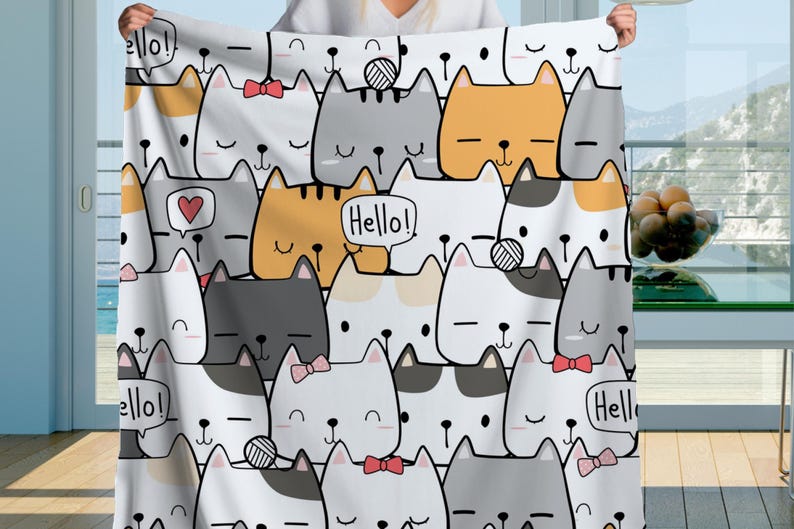 Cute Cat Doodle Sherpa Blanket – Kawaii Kitty Pattern, Cartoon Cat Lover Throw image 1