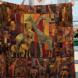 Safari Giraffe Patchwork Sherpa Blanket – Warm Earth Tones, Elephants & African Wildlife Art