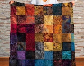 Patchwork Sherpa Blanket  Printed Mosaic Jewel Tone Mosaic Throw, Boho Colorful Decor, Cozy Plush Gift