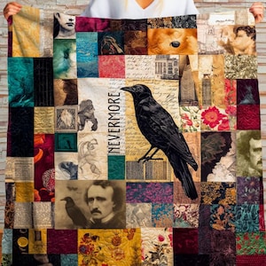 May include: A patchwork quilt featuring a black raven illustration with the word "NEVERMORE" in white. The quilt is composed of various squares with images of portraits, flowers, and abstract designs. The color palette includes shades of black, red, yellow, and teal.