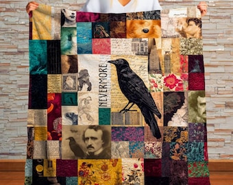 Gothic Raven Patchwork Sherpa Blanket Nevermore Art Edgar Allan Poe Throw Dark Decor, Vintage Literary Cozy Gift, Plush Sherpa Throw